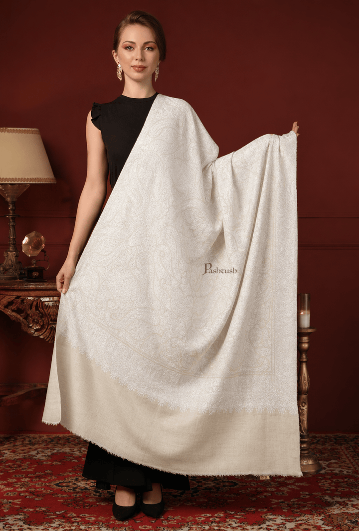 Pashtush India Womens Shawls Pashtush Womens Pure Pashmina Shawl, Hand Embroidery, Hand Woven, Tonal Design, Ivory