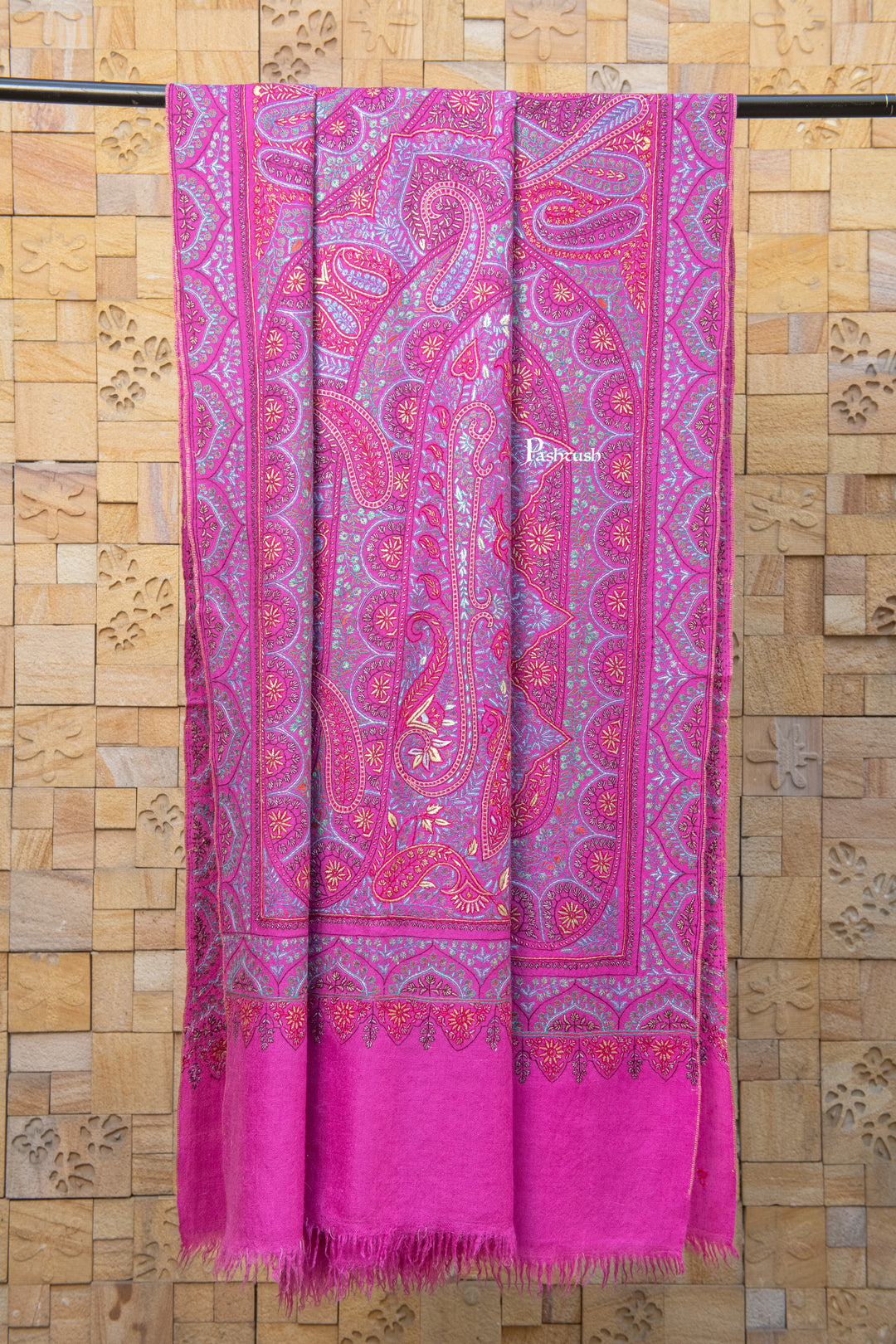 Pashtush India Womens Shawls Pashtush Womens Pure Pashmina Shawl, Hand Hand Embroidery, Hand Woven, Fuschia