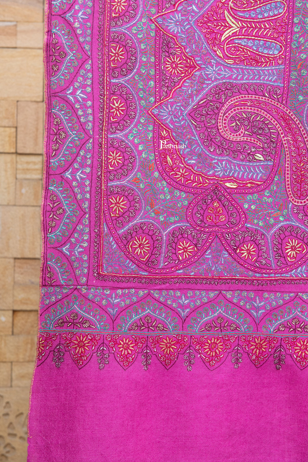 Pashtush India Womens Shawls Pashtush Womens Pure Pashmina Shawl, Hand Hand Embroidery, Hand Woven, Fuschia