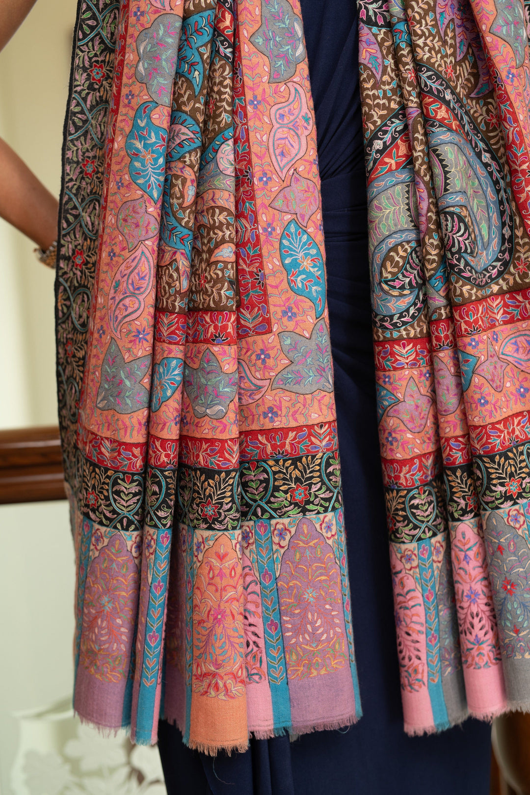 Pashtush India Womens Shawls Pashtush Womens Pure Pashmina Shawl, Hand Painted And Embroidered Kalamkari Design, Multicolour