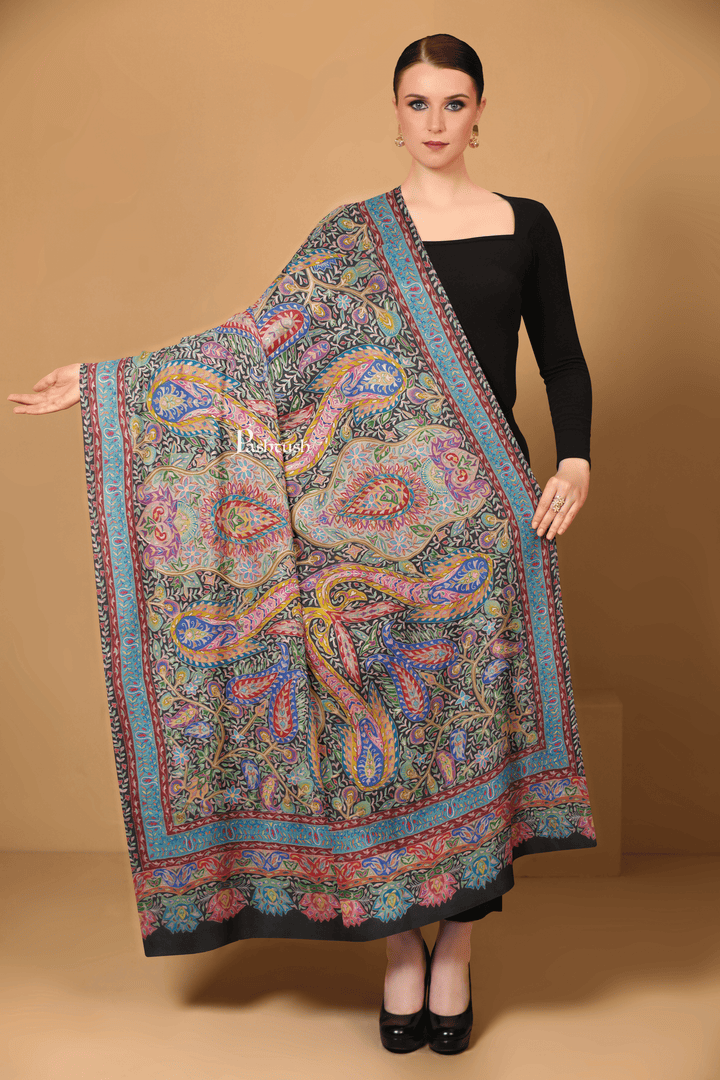 Pashtush India Womens Shawls Pashtush Womens Pure Pashmina Shawl, Hand Painted And Embroidered Kalamkari Design, Multicolour