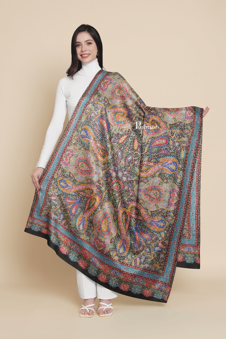 Pashtush India Womens Shawls Pashtush Womens Pure Pashmina Shawl, Hand Painted And Embroidered Kalamkari Design, Multicolour