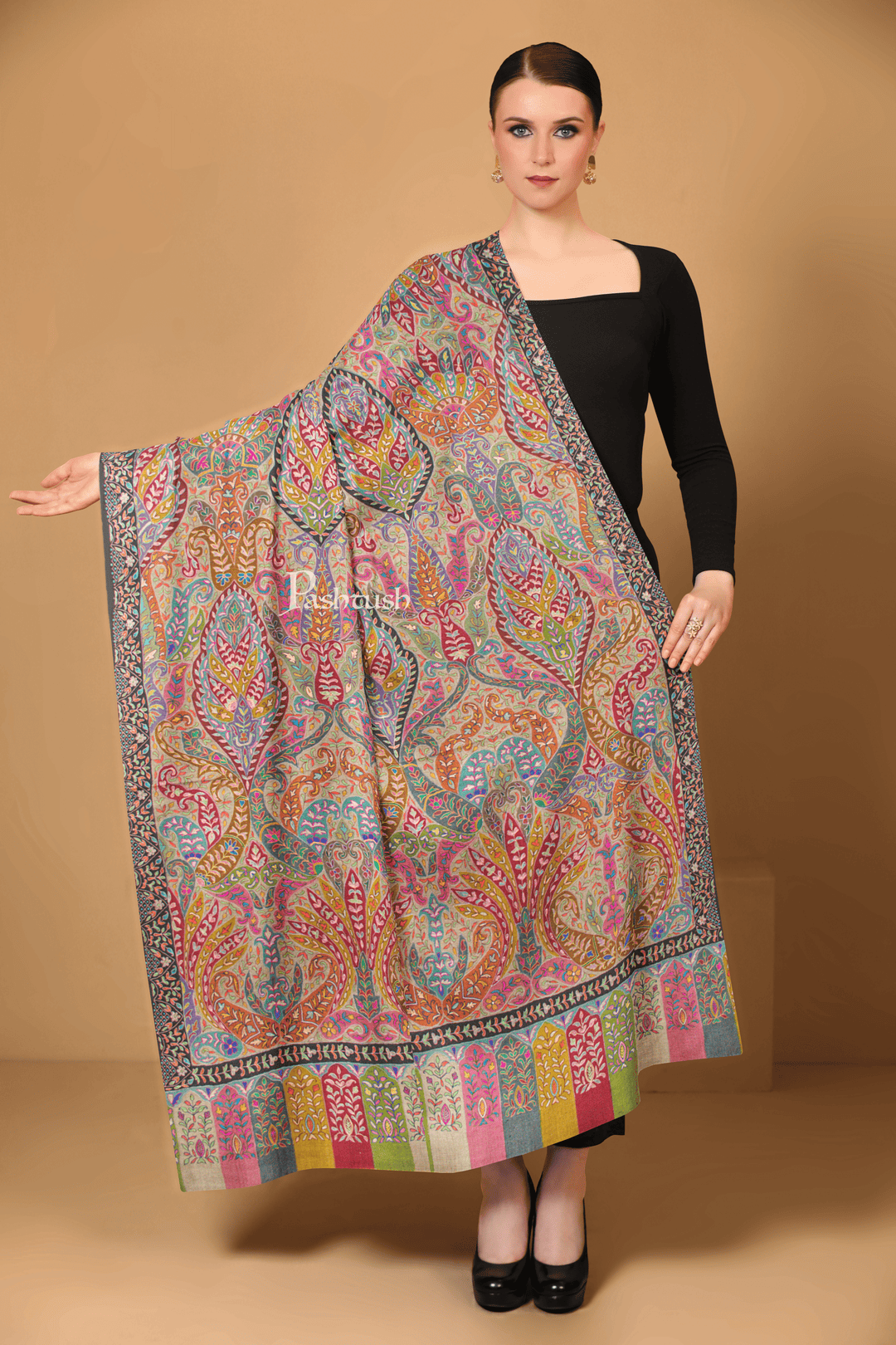 Pashtush India Womens Shawls Pashtush Womens Pure Pashmina Shawl, Hand Painted And Embroidered Kalamkari Design, Multicolour