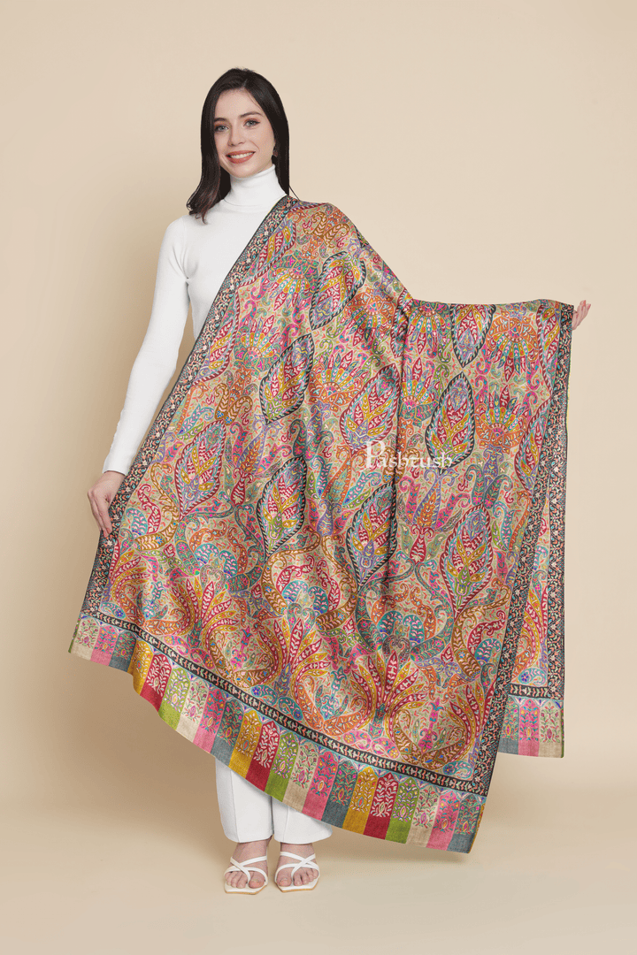 Pashtush India Womens Shawls Pashtush Womens Pure Pashmina Shawl, Hand Painted And Embroidered Kalamkari Design, Multicolour