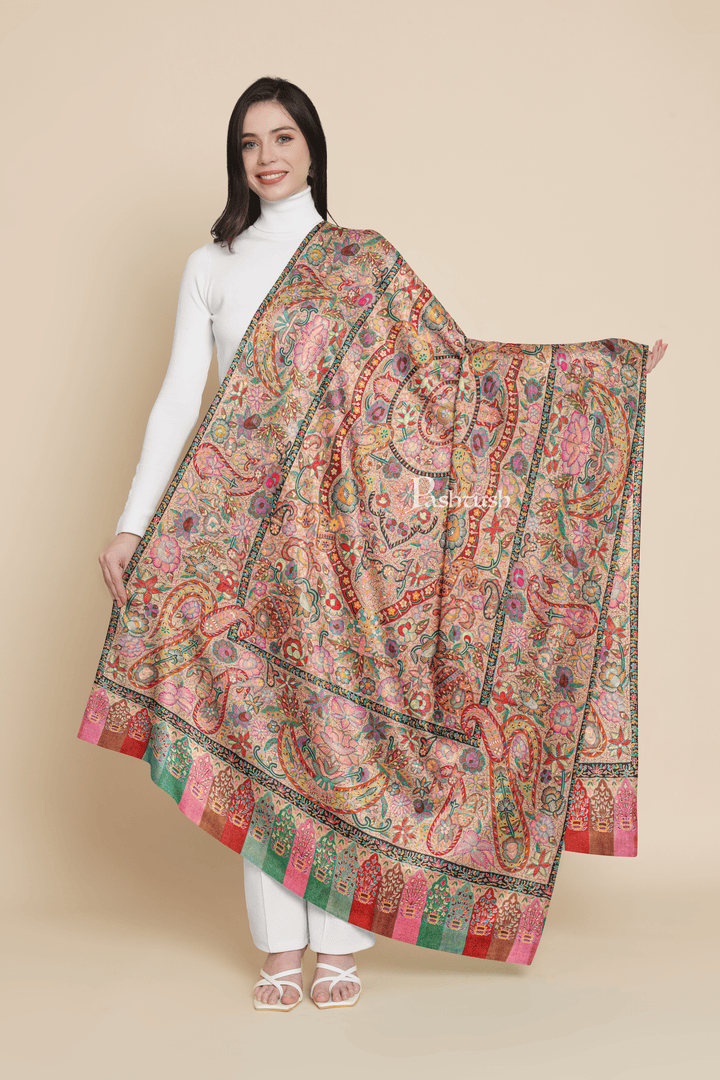 Pashtush India Womens Shawls Pashtush Womens Pure Pashmina Shawl, Hand Painted And Embroidered Kalamkari Design, Multicolour