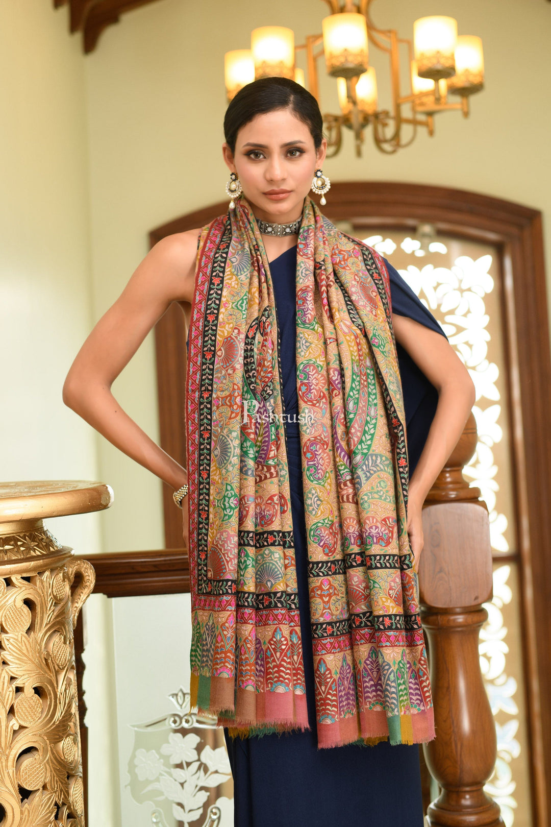 Pashtush India Womens Shawls Pashtush Womens Pure Pashmina Shawl, Hand Painted And Embroidered Kalamkari Ombre Design, Multicolour