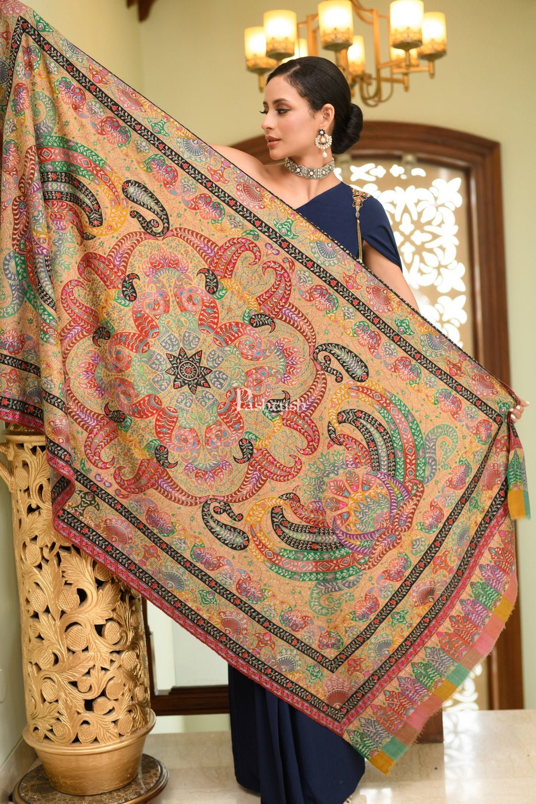 Pashtush India Womens Shawls Pashtush Womens Pure Pashmina Shawl, Hand Painted And Embroidered Kalamkari Ombre Design, Multicolour