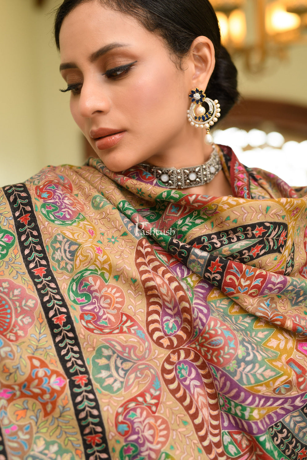 Pashtush India Womens Shawls Pashtush Womens Pure Pashmina Shawl, Hand Painted And Embroidered Kalamkari Ombre Design, Multicolour