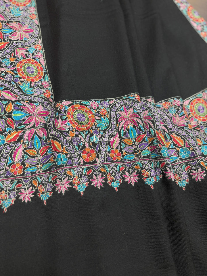 Pashtush India Womens Shawls Pashtush Womens Pure Pashmina Shawl, Hand Painted And Embroidered Kalamkari Palla Design, Black