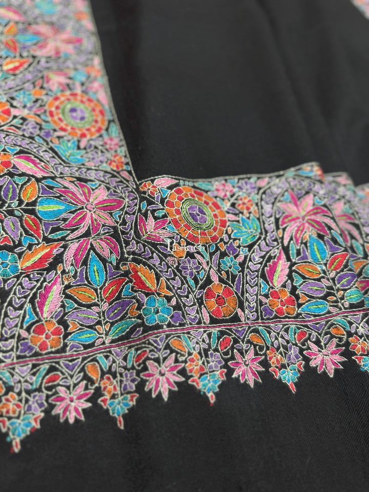 Pashtush India Womens Shawls Pashtush Womens Pure Pashmina Shawl, Hand Painted And Embroidered Kalamkari Palla Design, Black
