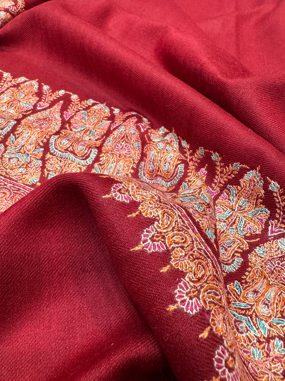 Pashtush India Womens Shawls Pashtush Womens Pure Pashmina Shawl, Hand Painted And Embroidered Kalamkari Palla Design, Maroon