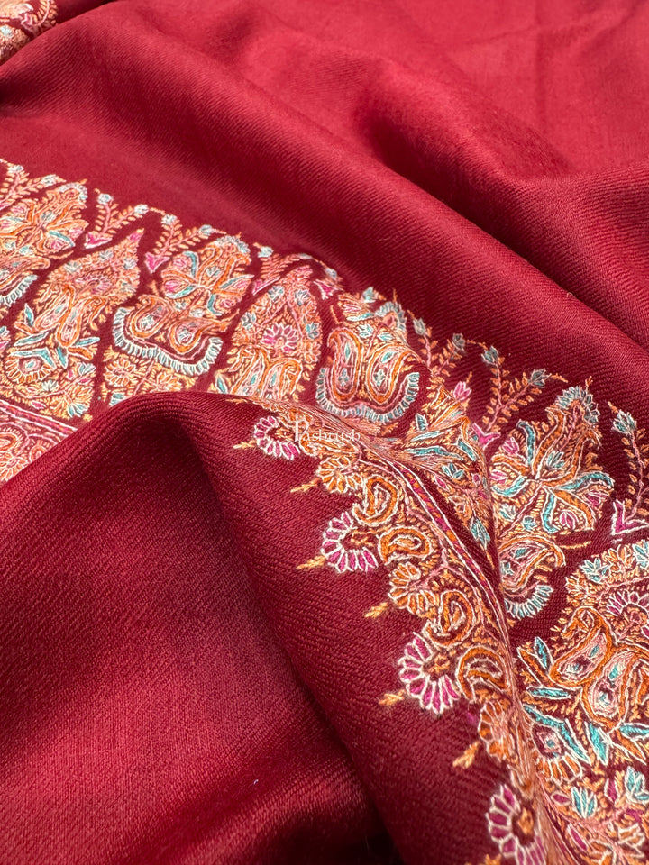 Pashtush India Womens Shawls Pashtush Womens Pure Pashmina Shawl, Hand Painted And Embroidered Kalamkari Palla Design, Maroon