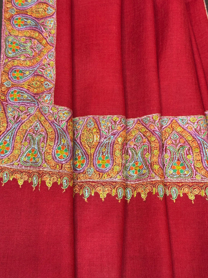 Pashtush India Womens Shawls Pashtush Womens Pure Pashmina Shawl, Hand Painted And Embroidered Kalamkari Palla Design, Maroon