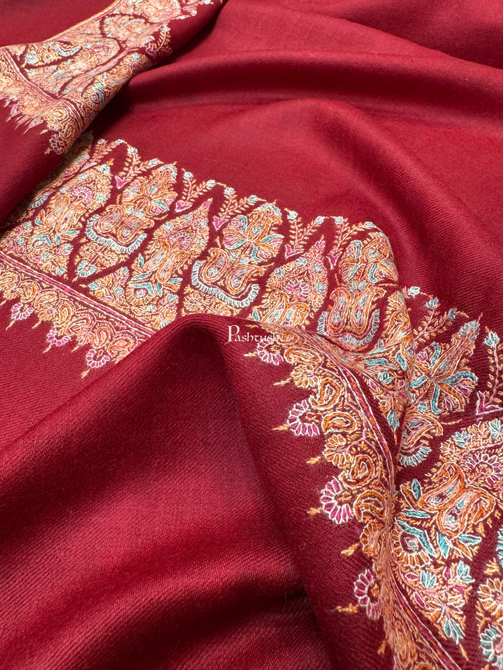 Pashtush India Womens Shawls Pashtush Womens Pure Pashmina Shawl, Hand Painted And Embroidered Kalamkari Palla Design, Maroon