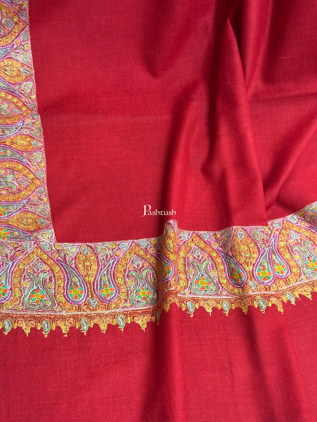 Pashtush India Womens Shawls Pashtush Womens Pure Pashmina Shawl, Hand Painted And Embroidered Kalamkari Palla Design, Maroon