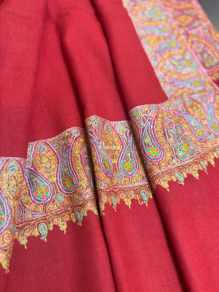 Pashtush India Womens Shawls Pashtush Womens Pure Pashmina Shawl, Hand Painted And Embroidered Kalamkari Palla Design, Maroon