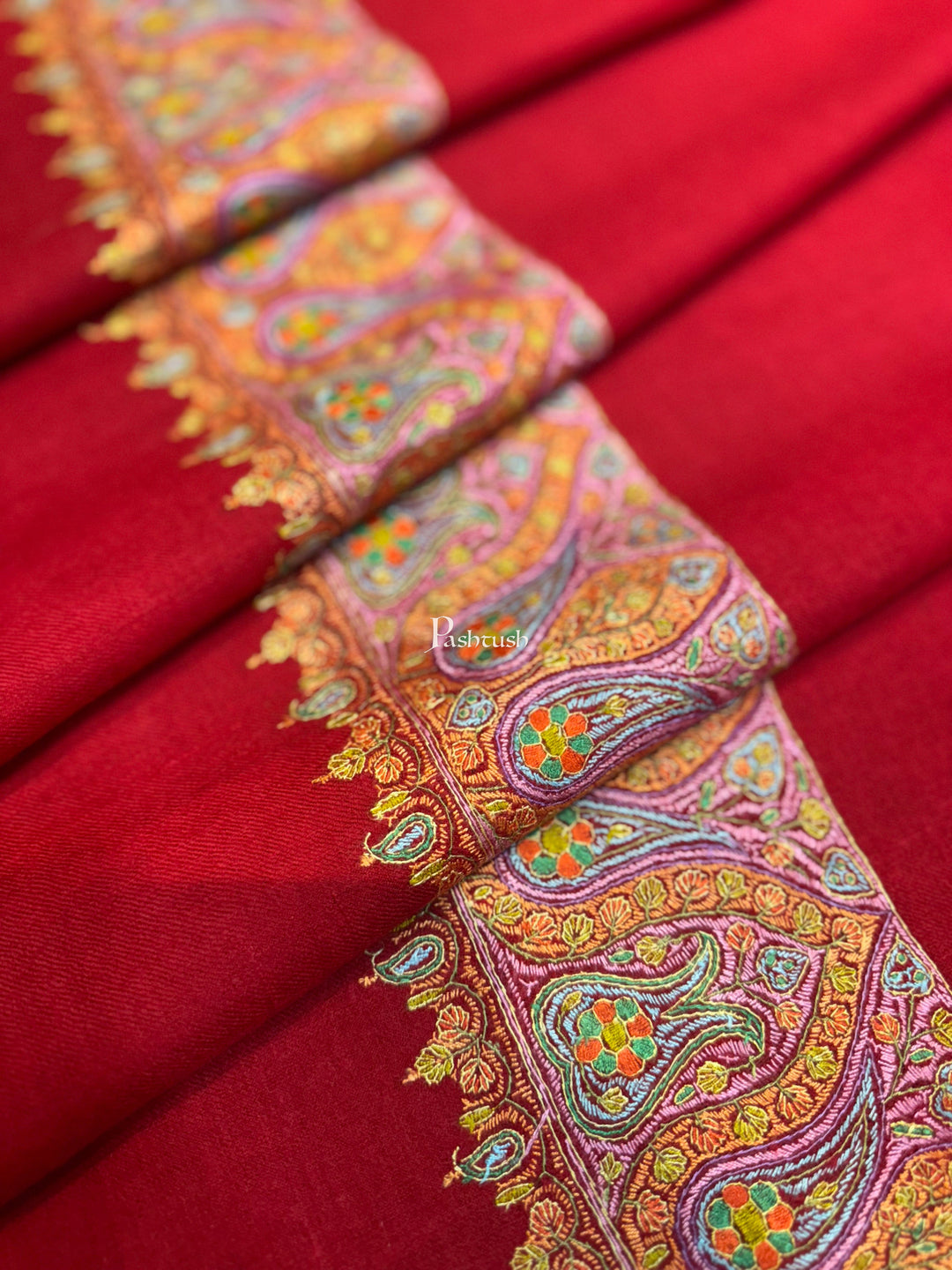 Pashtush India Womens Shawls Pashtush Womens Pure Pashmina Shawl, Hand Painted And Embroidered Kalamkari Palla Design, Maroon