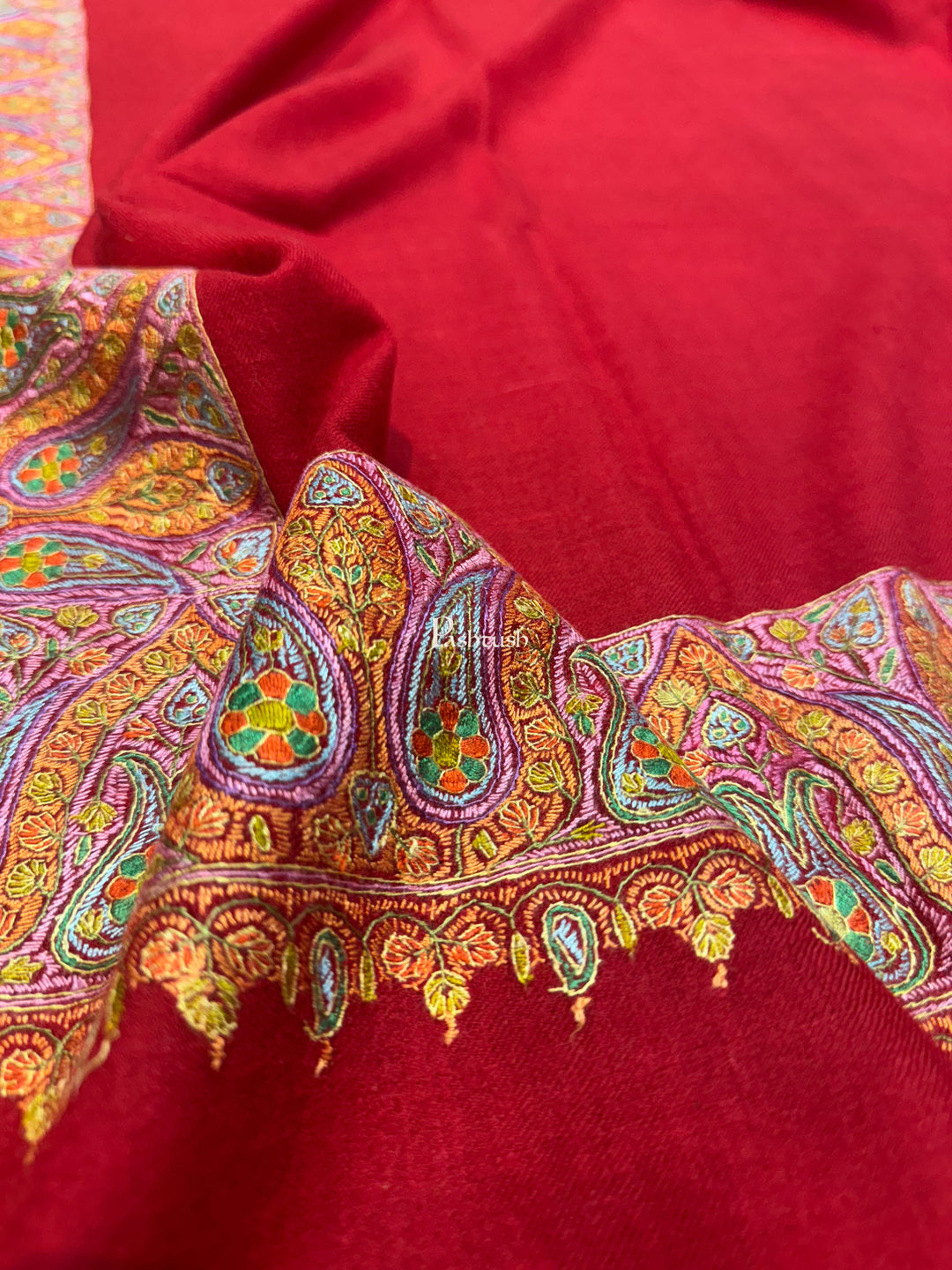 Pashtush India Womens Shawls Pashtush Womens Pure Pashmina Shawl, Hand Painted And Embroidered Kalamkari Palla Design, Maroon