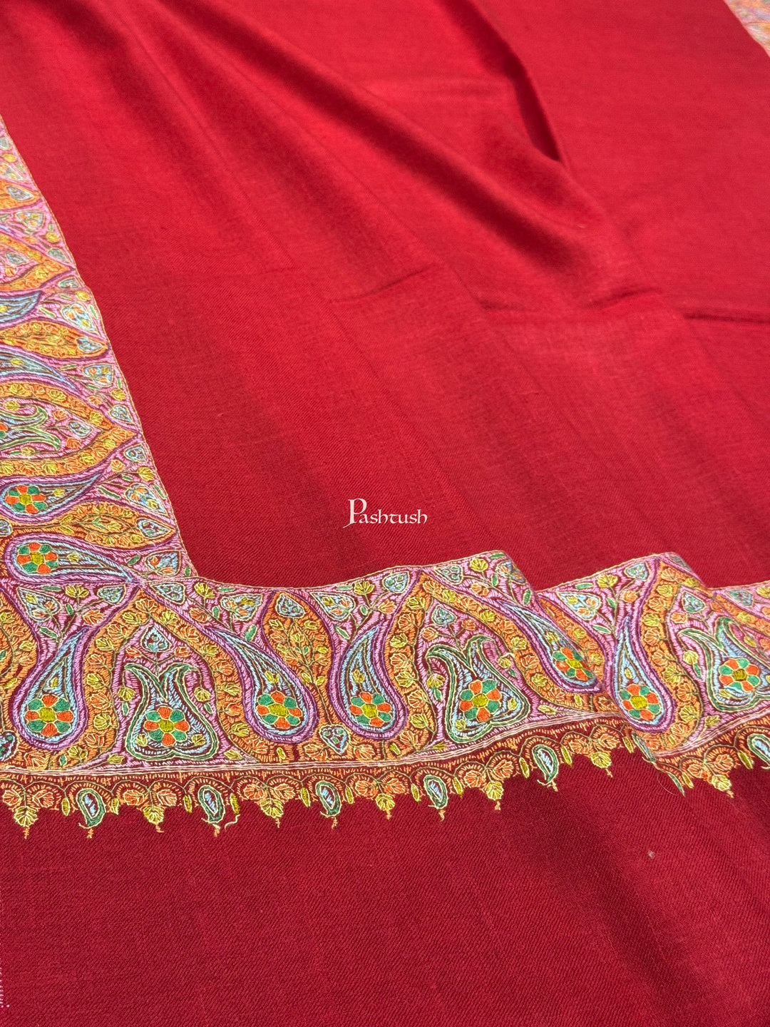 Pashtush India Womens Shawls Pashtush Womens Pure Pashmina Shawl, Hand Painted And Embroidered Kalamkari Palla Design, Maroon