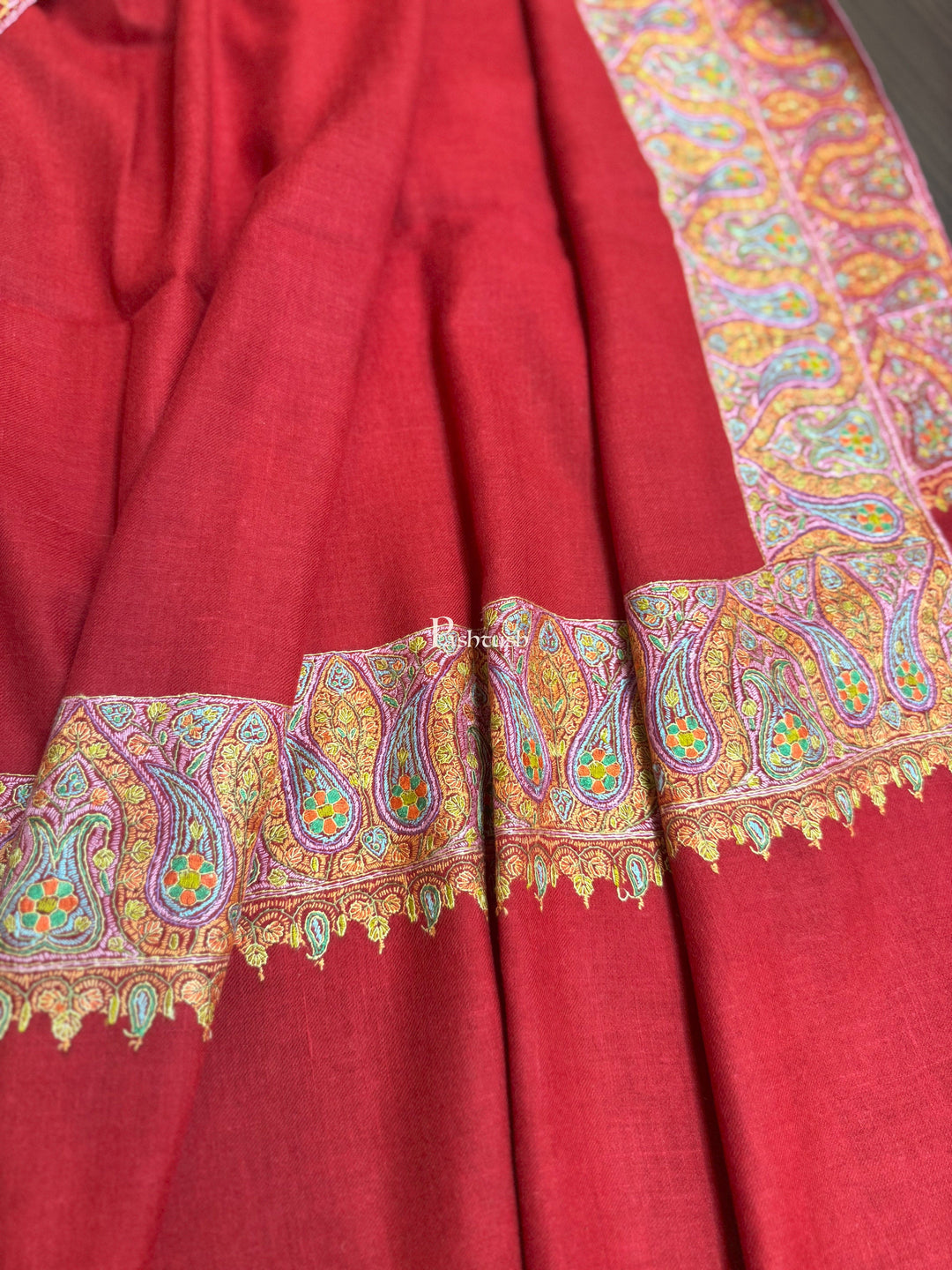 Pashtush India Womens Shawls Pashtush Womens Pure Pashmina Shawl, Hand Painted And Embroidered Kalamkari Palla Design, Maroon