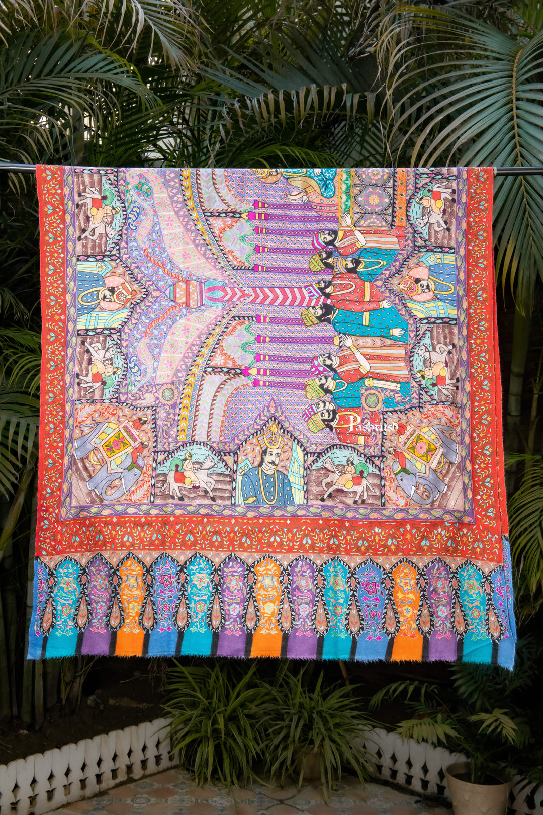 Pashtush India Womens Shawls Pashtush Womens Pure Pashmina Shawl, Hand Painted, Hand Embroidery, Handwoven, Darbar Kalamkari Design, Multicolour