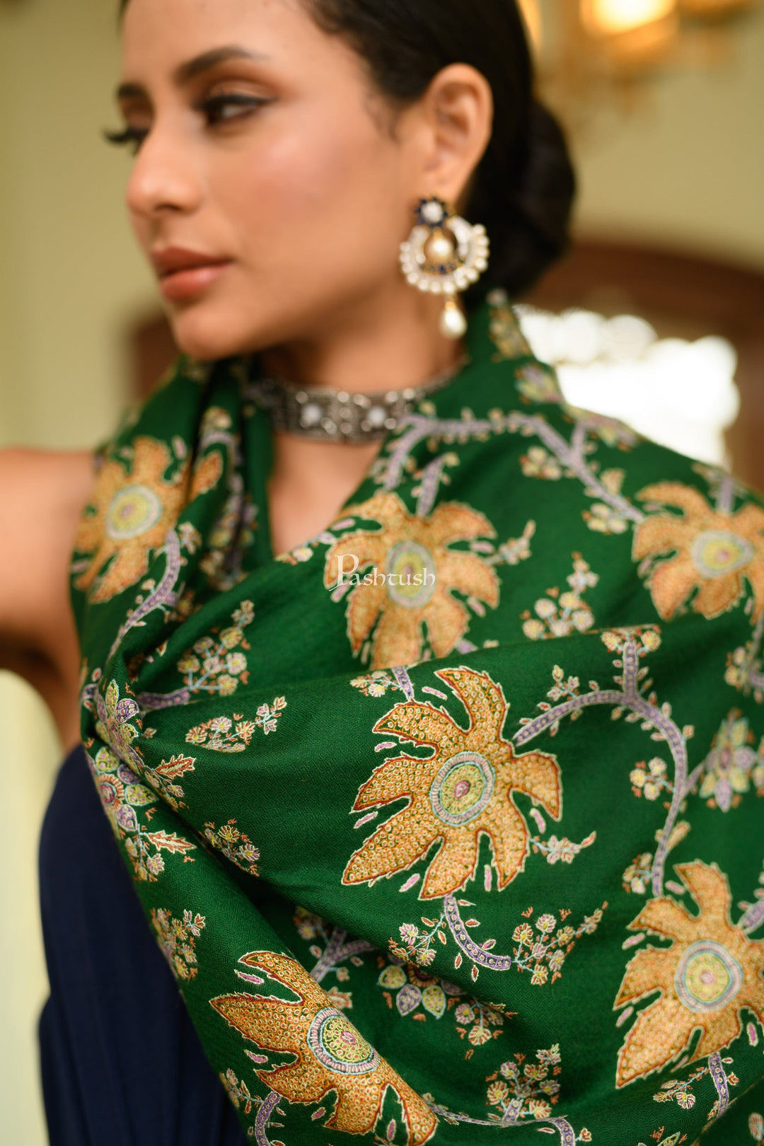 Pashtush India Womens Shawls Pashtush Womens Pure Pashmina Shawl, Intricate Sozni Embroidery Design, Bottle Green