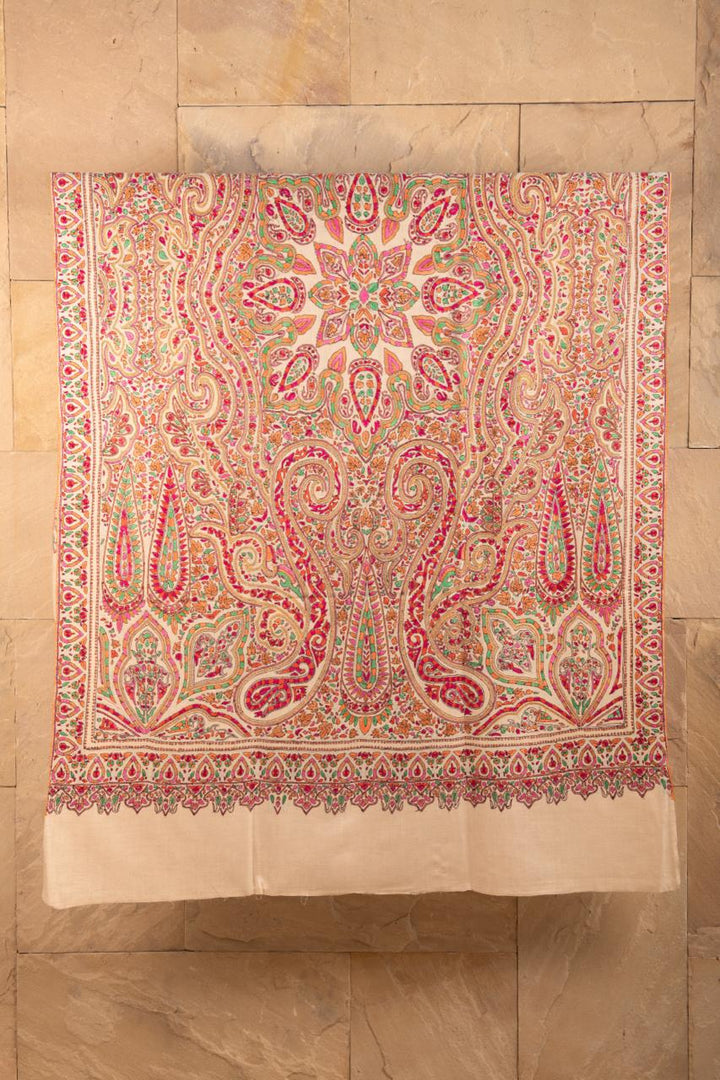pashtush Womens Shawls Pashtush Womens Pure Pashmina Shawl, Kashmiri Hand Embroidery, Papier Mache Design, Beige