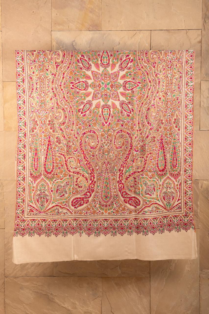 pashtush Womens Shawls Pashtush Womens Pure Pashmina Shawl, Kashmiri Hand Embroidery, Papier Mache Design, Beige