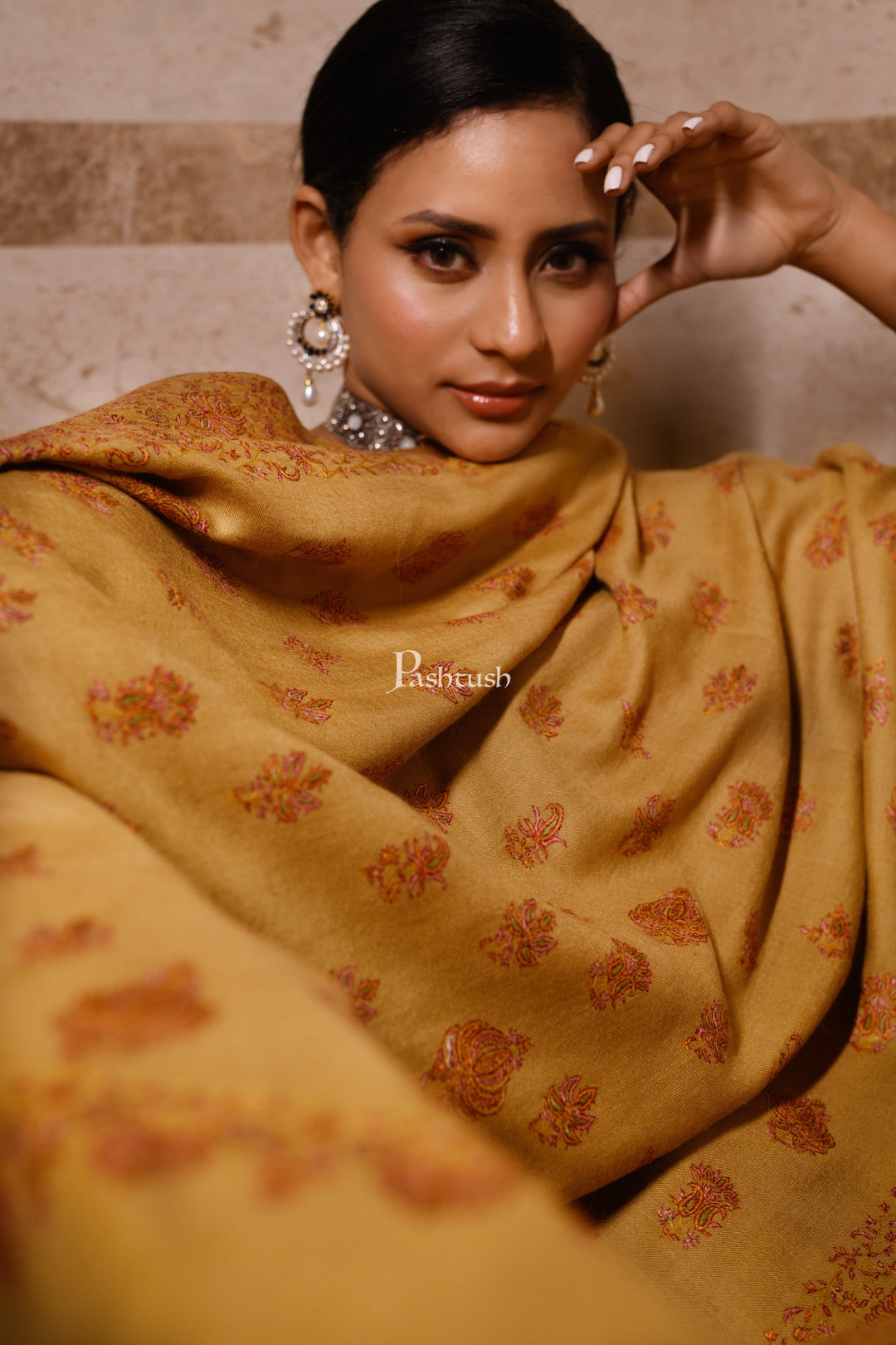 Pashtush India Womens Shawls Pashtush Womens Pure Pashmina Shawl, Palla Booti Jaal Design, Mustard