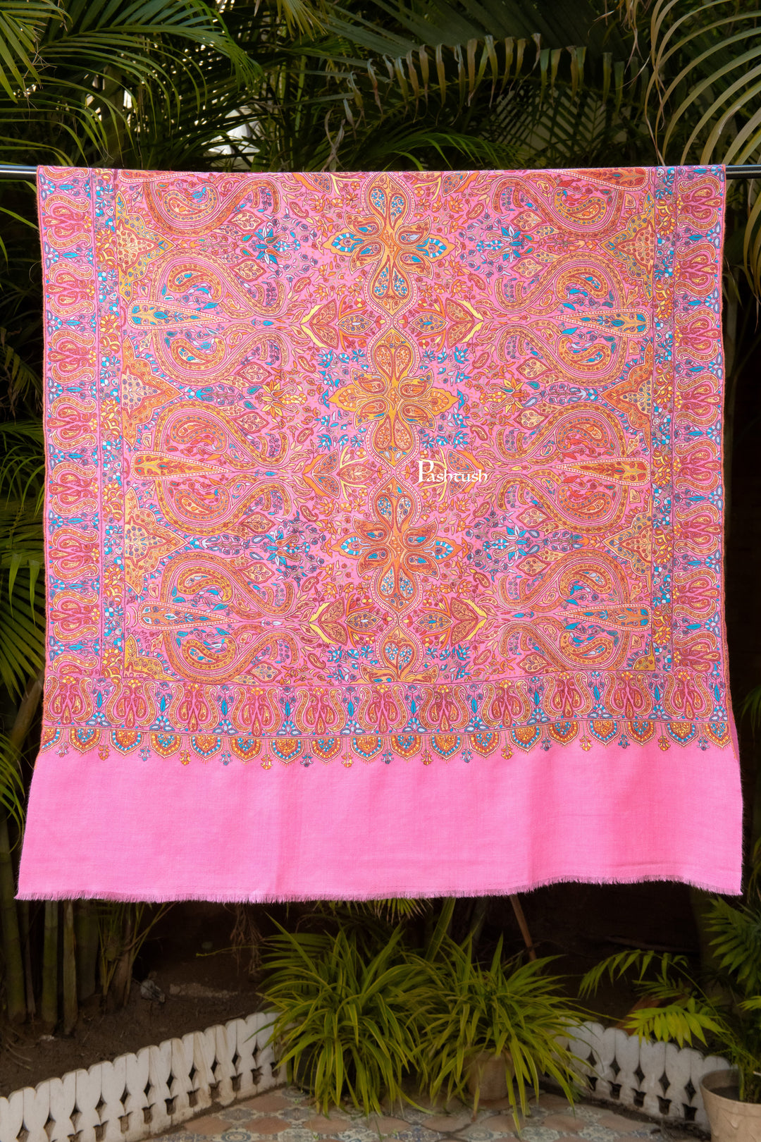 Pashtush India Womens Shawls Pashtush Womens Pure Pashmina Shawl, Papier Mache Hand Embroidery, Hand Woven Design, Bright Pink