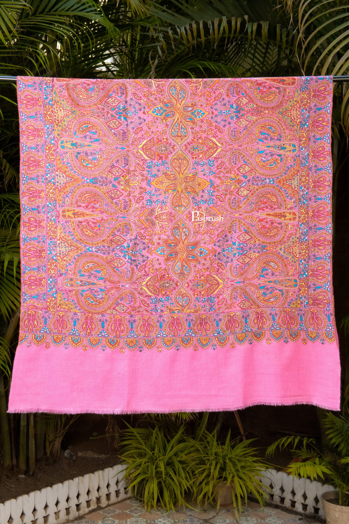 Pashtush India Womens Shawls Pashtush Womens Pure Pashmina Shawl, Papier Mache Hand Embroidery, Hand Woven Design, Bright Pink