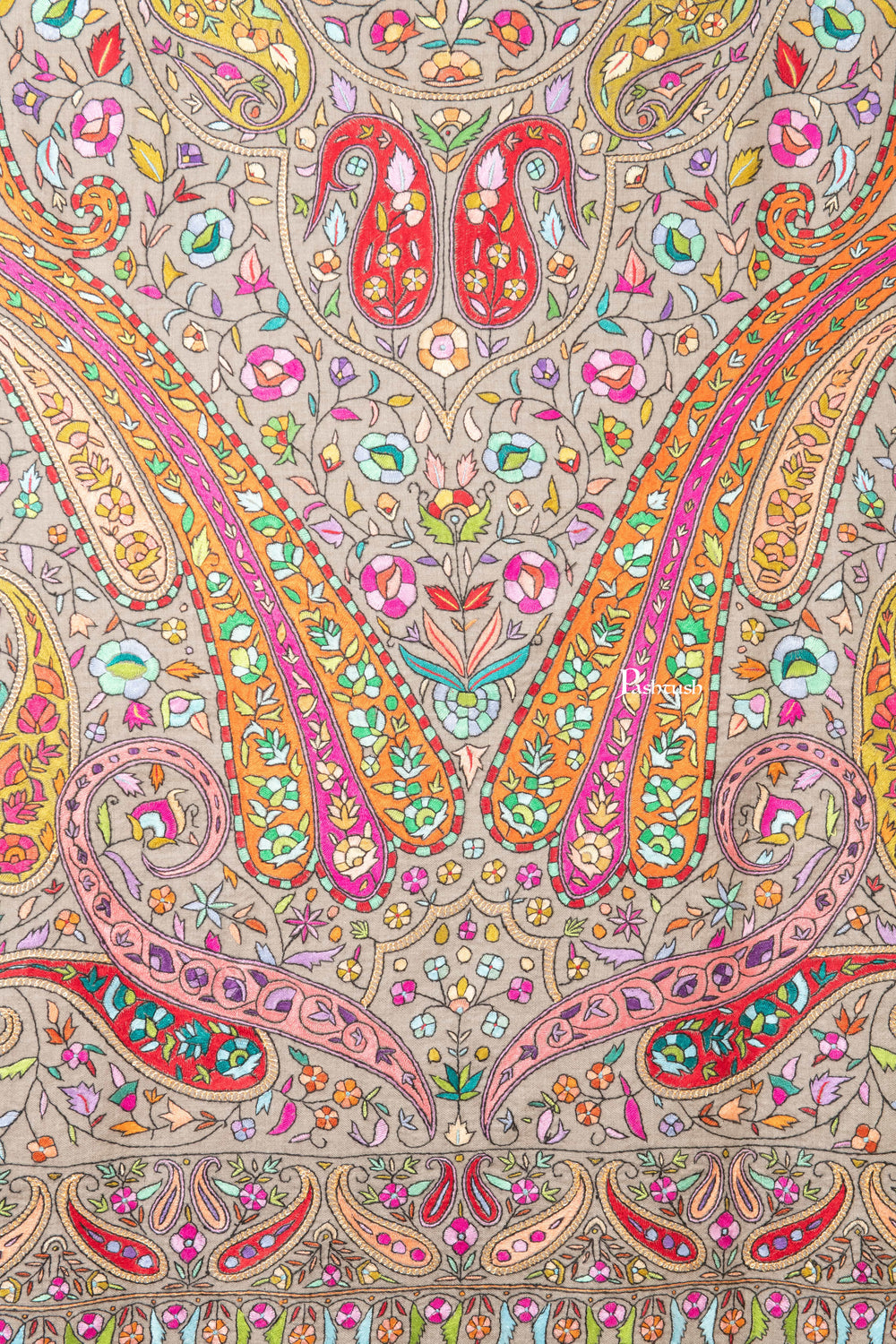 Pashtush India Womens Shawls Pashtush Womens Pure Pashmina Shawl, Papier Mache Hand Embroidery, Hand Woven Design, Multicolour With Natural Woven Base