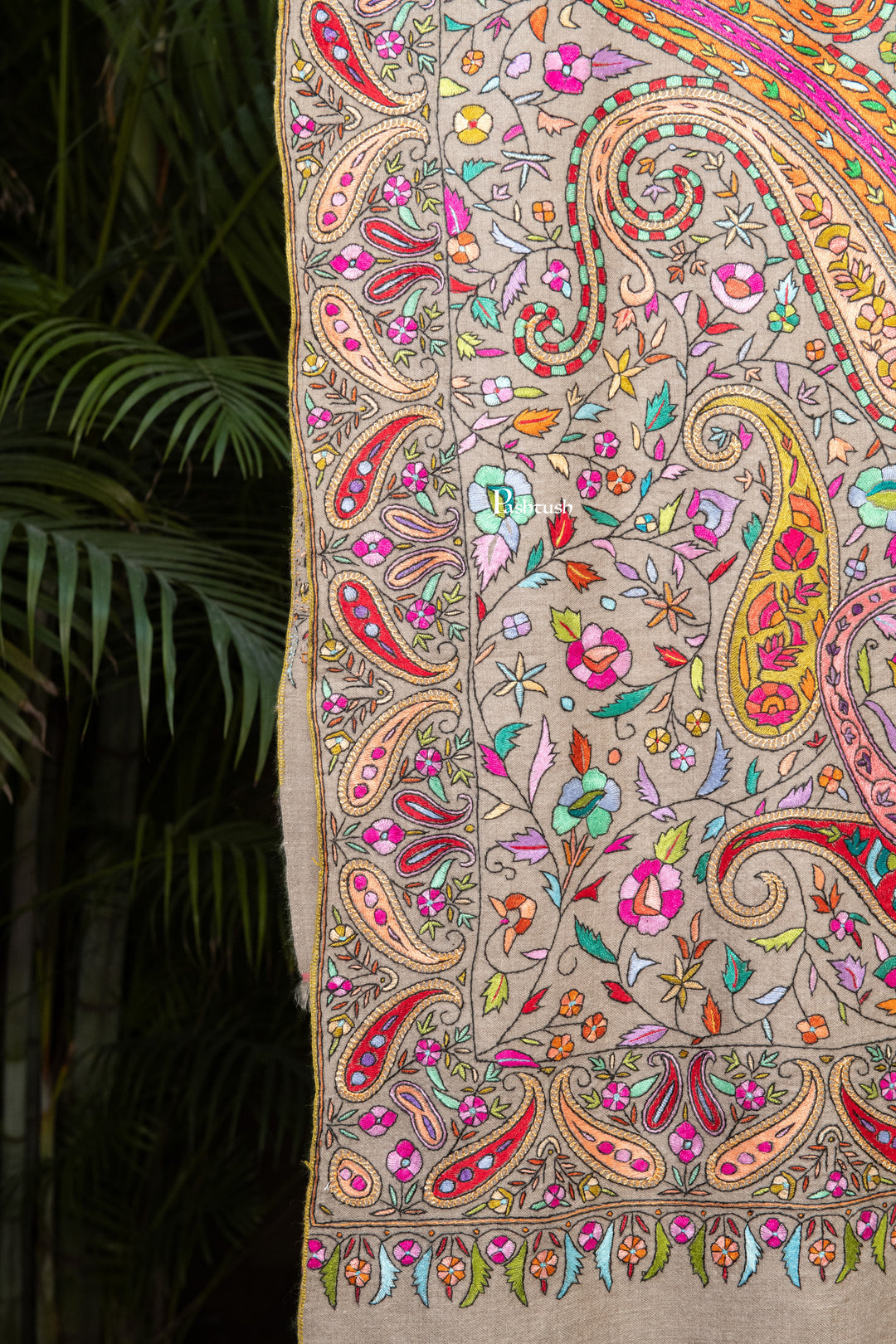 Pashtush India Womens Shawls Pashtush Womens Pure Pashmina Shawl, Papier Mache Hand Embroidery, Hand Woven Design, Multicolour With Natural Woven Base