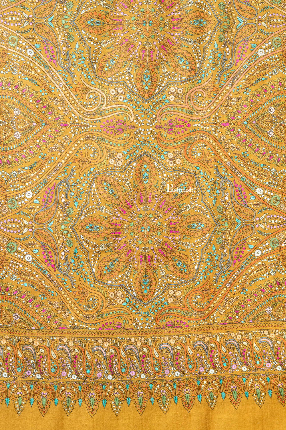 Pashtush India Womens Shawls Pashtush Womens Pure Pashmina Shawl, Papier Mache Hand Embroidery, Hand Woven Design, Mustard