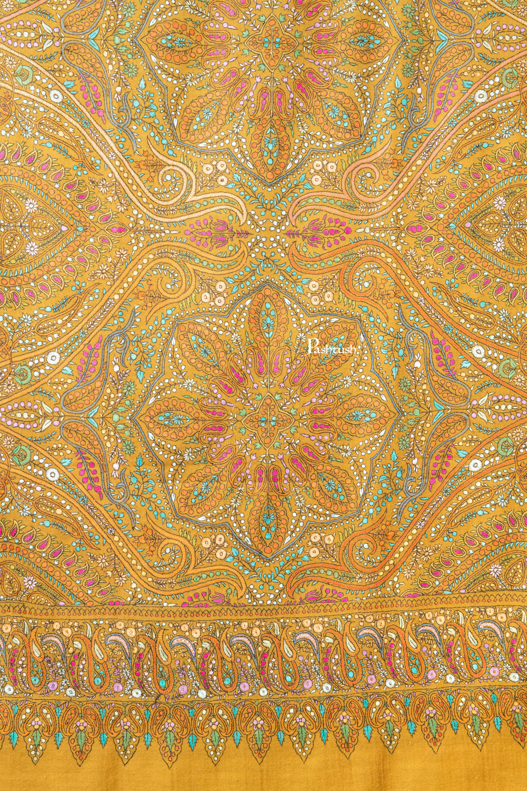 Pashtush India Womens Shawls Pashtush Womens Pure Pashmina Shawl, Papier Mache Hand Embroidery, Hand Woven Design, Mustard