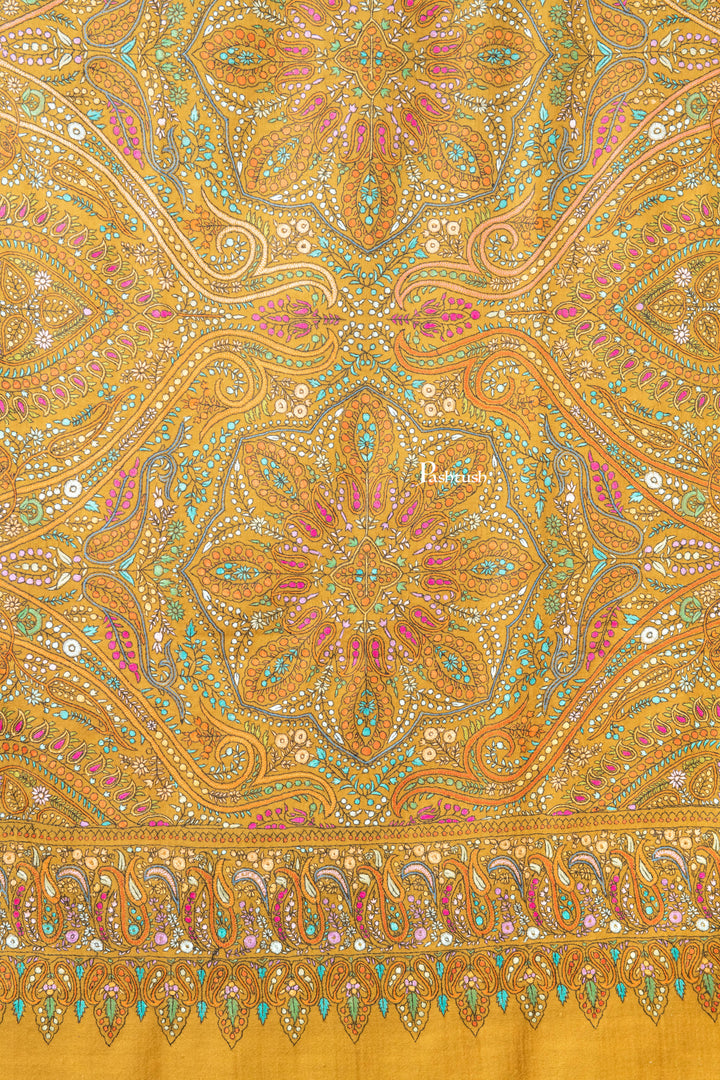 Pashtush India Womens Shawls Pashtush Womens Pure Pashmina Shawl, Papier Mache Hand Embroidery, Hand Woven Design, Mustard