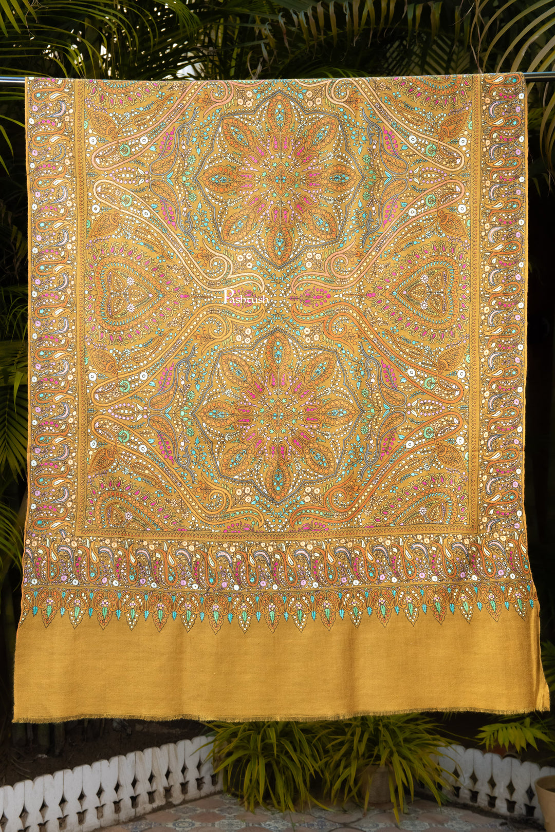 Pashtush India Womens Shawls Pashtush Womens Pure Pashmina Shawl, Papier Mache Hand Embroidery, Hand Woven Design, Mustard