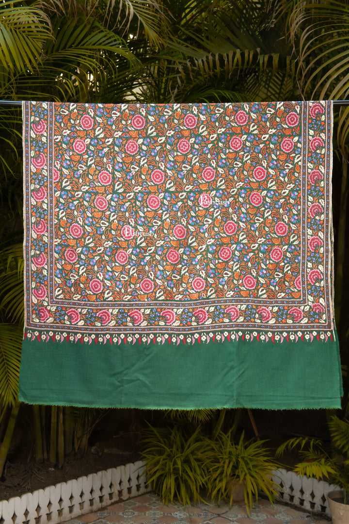 Pashtush India Womens Shawls Pashtush Womens Pure Pashmina Shawl, Papier Mache Hand Embroidery, Hand Woven, Gulabdaar Design, Emerald Green