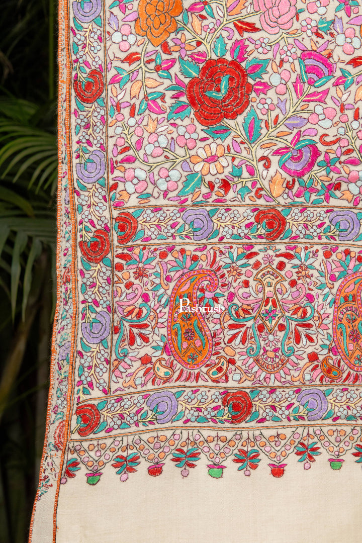 Pashtush India Womens Shawls Pashtush Womens Pure Pashmina Shawl, Papier Mache Hand Embroidery, Hand Woven, Gulabdaar Design, Emily Ivory