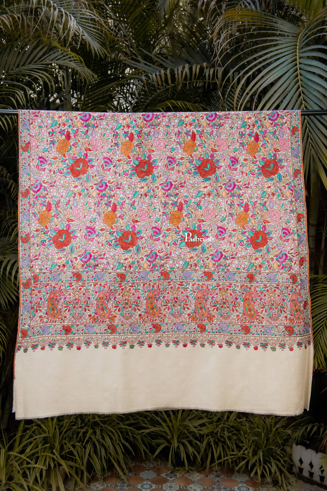 Pashtush India Womens Shawls Pashtush Womens Pure Pashmina Shawl, Papier Mache Hand Embroidery, Hand Woven, Gulabdaar Design, Emily Ivory