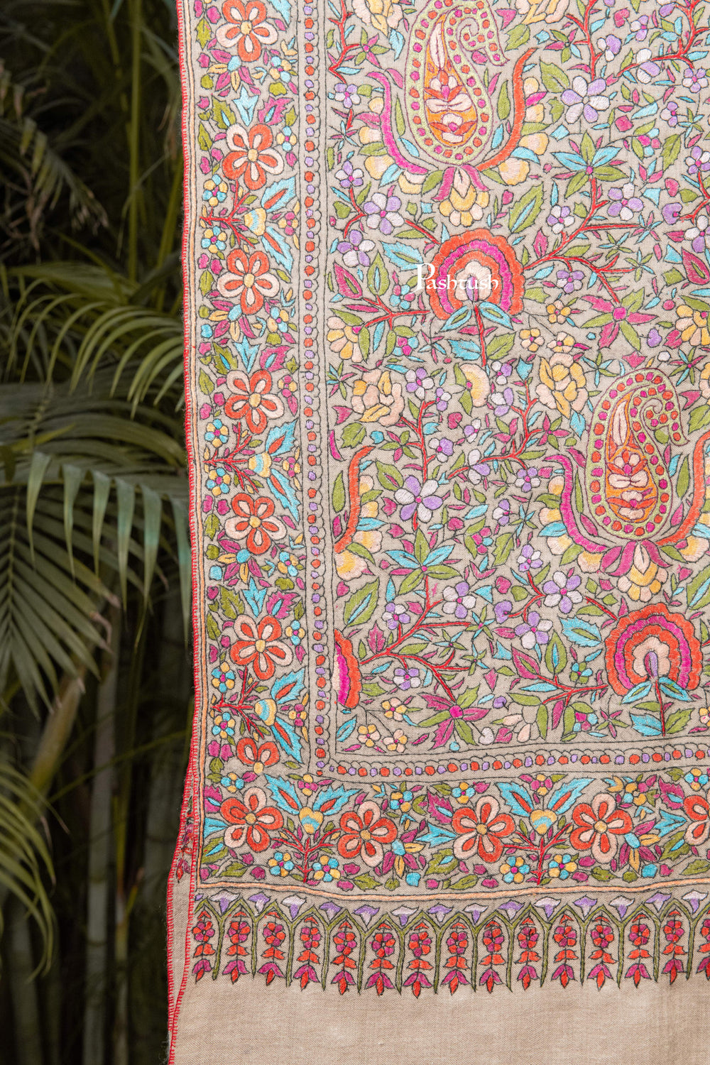 Pashtush India Womens Shawls Pashtush Womens Pure Pashmina Shawl, Papier Mache Hand Embroidery, Hand Woven, Gulabdaar Design, Multicolour With Natural Woven Base