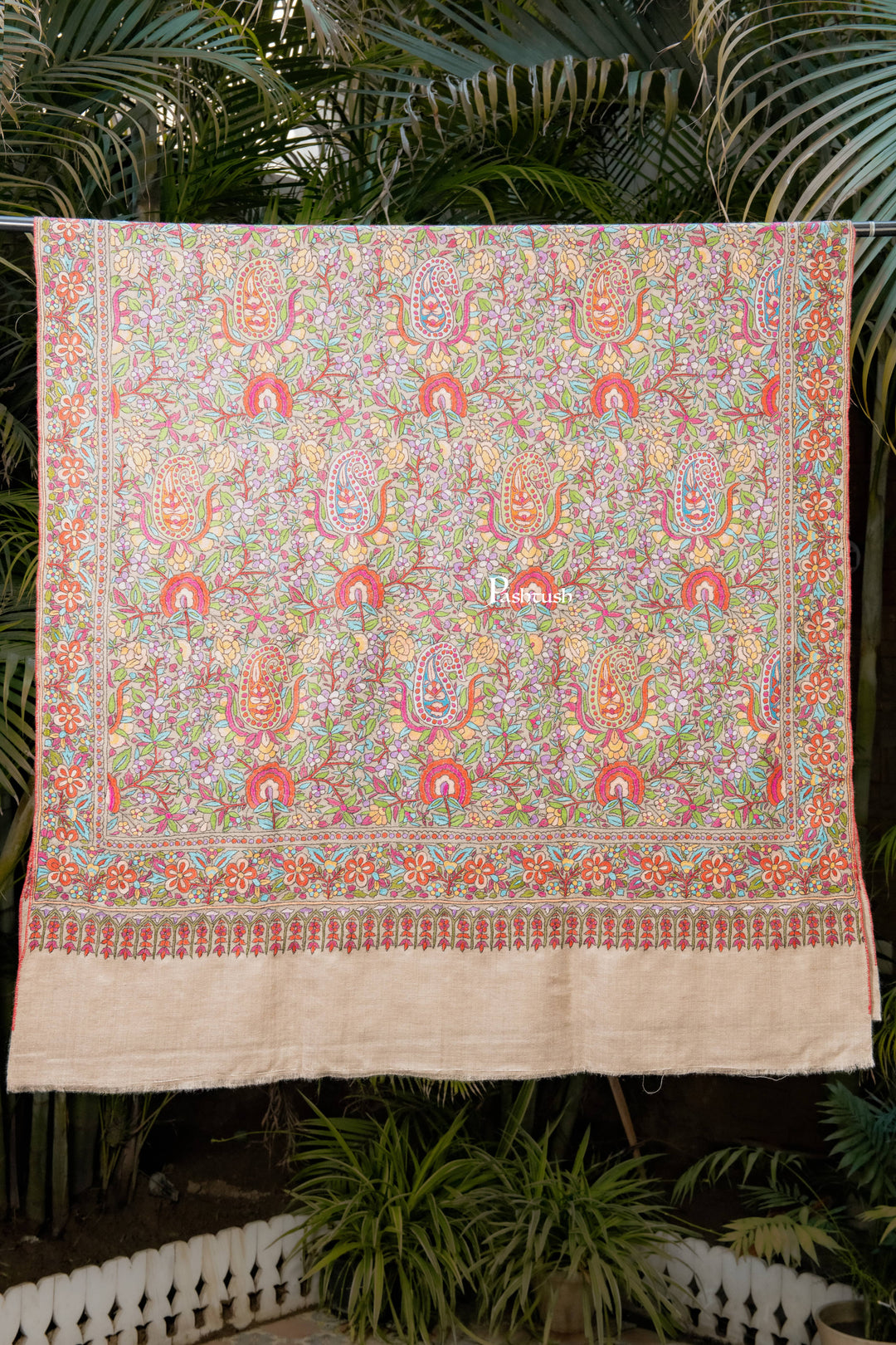 Pashtush India Womens Shawls Pashtush Womens Pure Pashmina Shawl, Papier Mache Hand Embroidery, Hand Woven, Gulabdaar Design, Multicolour With Natural Woven Base