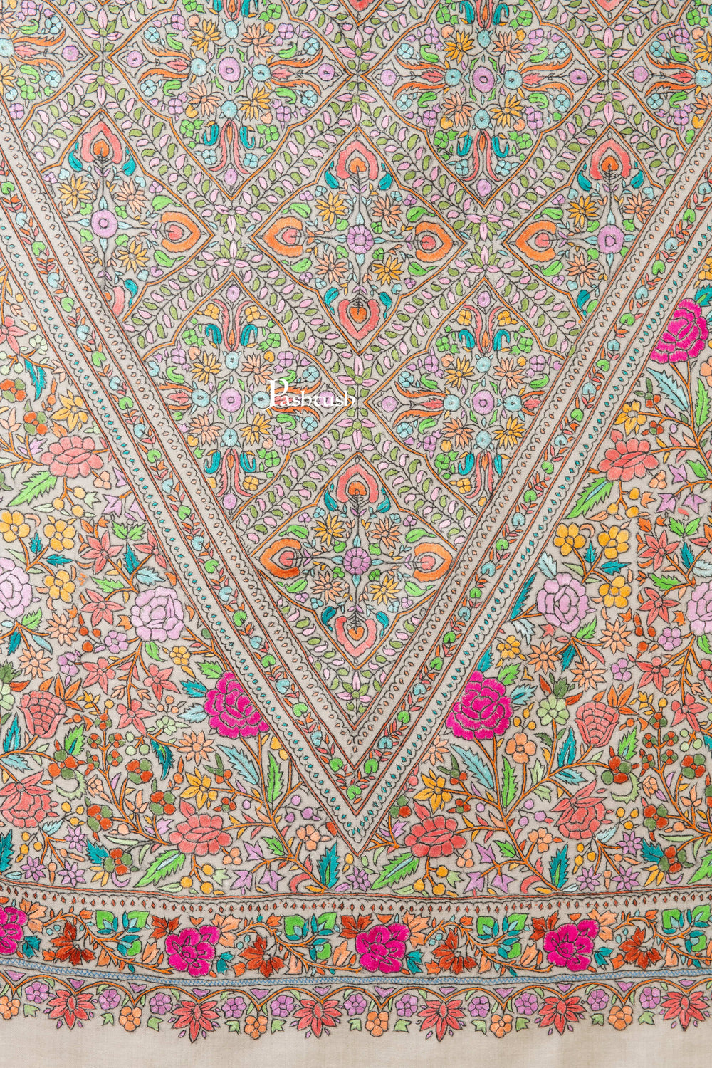 Pashtush India Womens Shawls Pashtush Womens Pure Pashmina Shawl, Papier Mache Hand Embroidery, Hand Woven, Gulabdaar Design, Multicolour With Natural Woven Base