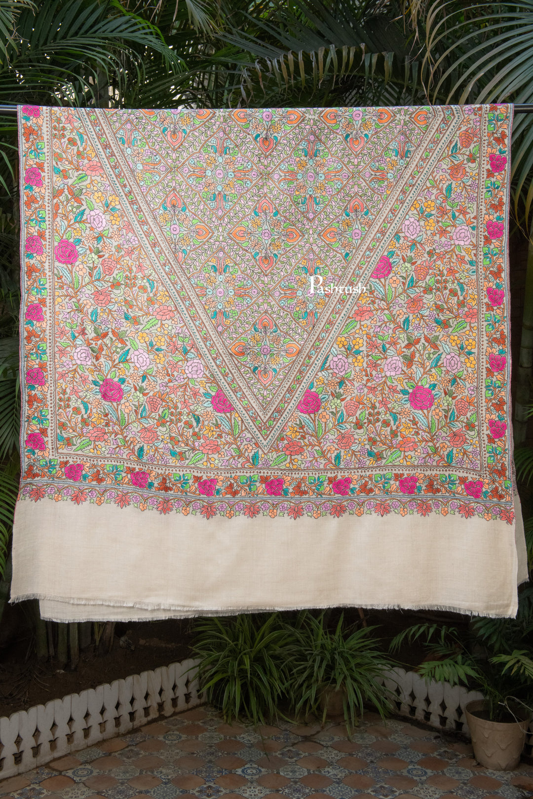 Pashtush India Womens Shawls Pashtush Womens Pure Pashmina Shawl, Papier Mache Hand Embroidery, Hand Woven, Gulabdaar Design, Multicolour With Natural Woven Base