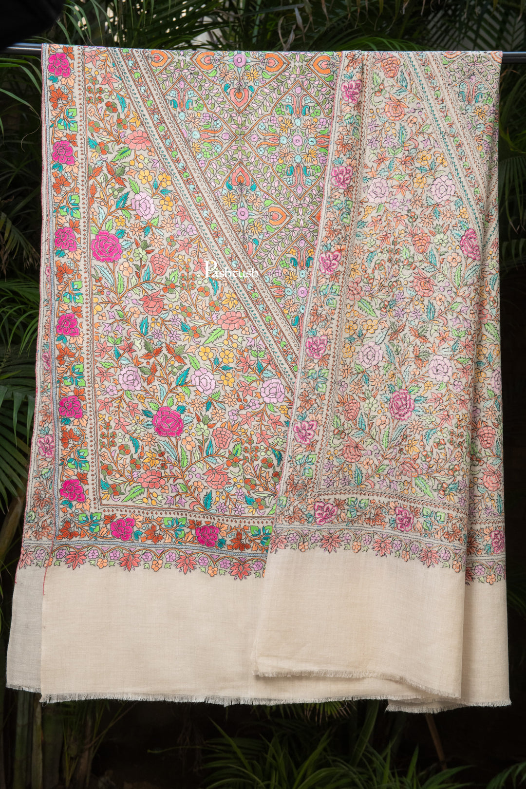 Pashtush India Womens Shawls Pashtush Womens Pure Pashmina Shawl, Papier Mache Hand Embroidery, Hand Woven, Gulabdaar Design, Multicolour With Natural Woven Base