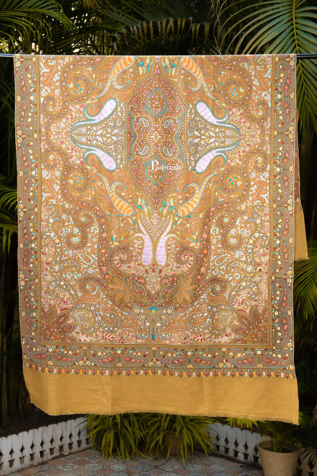 Pashtush India Womens Shawls Pashtush Womens Pure Pashmina Shawl, Papier Mache Hand Embroidery, Hand Woven, Gulabdaar Design, Mustard
