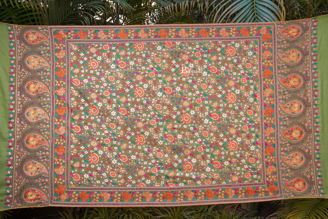 Pashtush India Womens Shawls Pashtush Womens Pure Pashmina Shawl, Papier Mache Hand Embroidery, Hand Woven, Gulabdaar Design, Olive Green