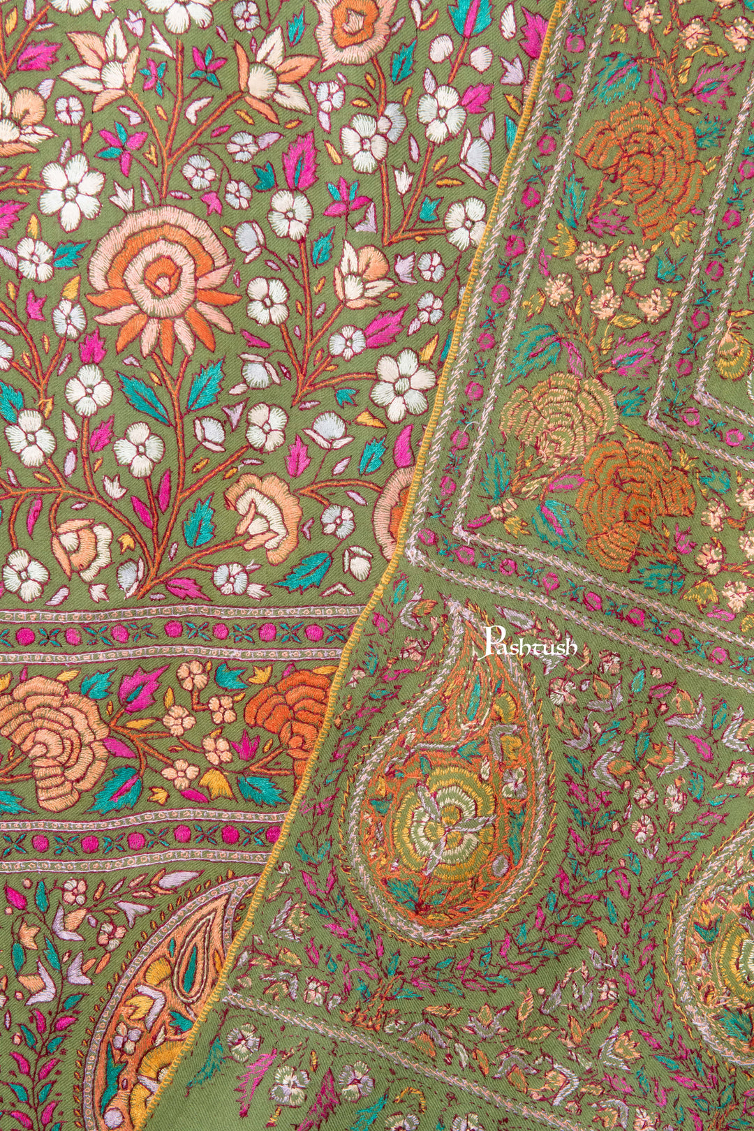 Pashtush India Womens Shawls Pashtush Womens Pure Pashmina Shawl, Papier Mache Hand Embroidery, Hand Woven, Gulabdaar Design, Olive Green