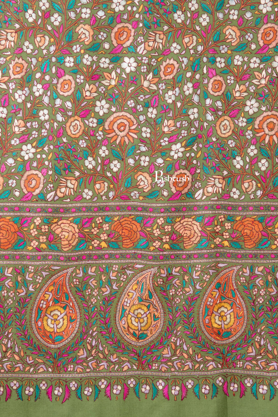 Pashtush India Womens Shawls Pashtush Womens Pure Pashmina Shawl, Papier Mache Hand Embroidery, Hand Woven, Gulabdaar Design, Olive Green