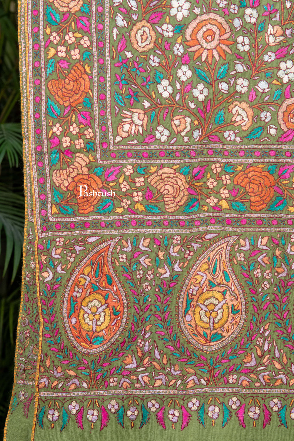 Pashtush India Womens Shawls Pashtush Womens Pure Pashmina Shawl, Papier Mache Hand Embroidery, Hand Woven, Gulabdaar Design, Olive Green